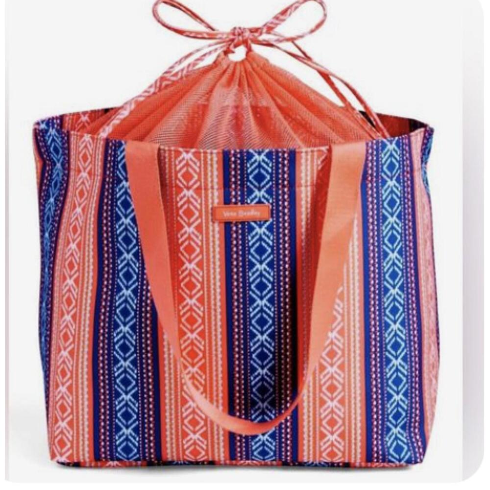 Vera Bradley Lighten Up Drawstring Mesh Shoulder Beach Bag Bright Serape Stripe